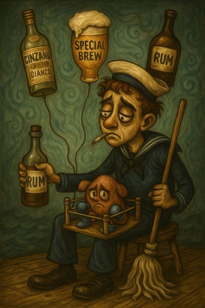 How to break a bad habit without a struggle: hungover sailor with his liver in a boxing ring