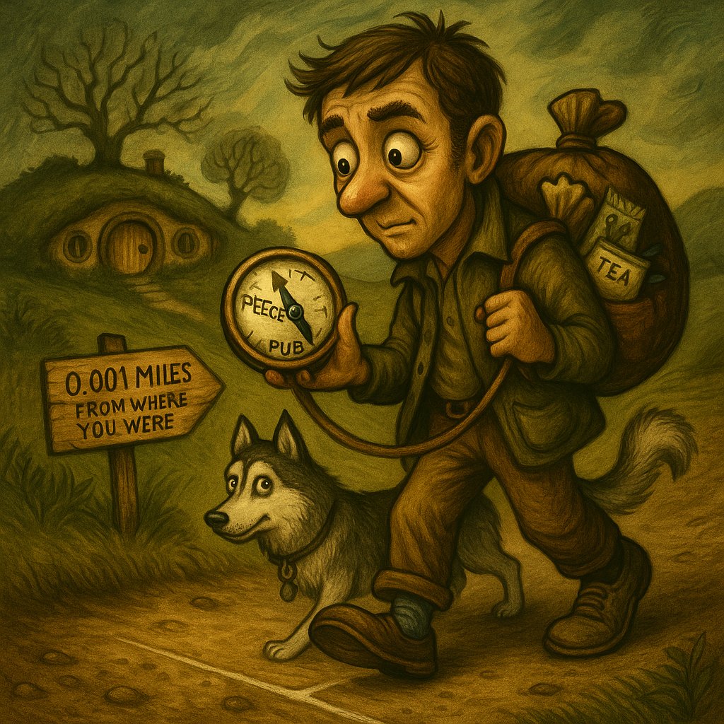 How to break a bad habit without a struggle: man and his dog setting off on a journey to peace, instead of the pub