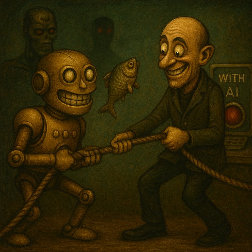 Where do listeners go to talk - tug of war between man and robot with HAL 9000 and Terminator in background