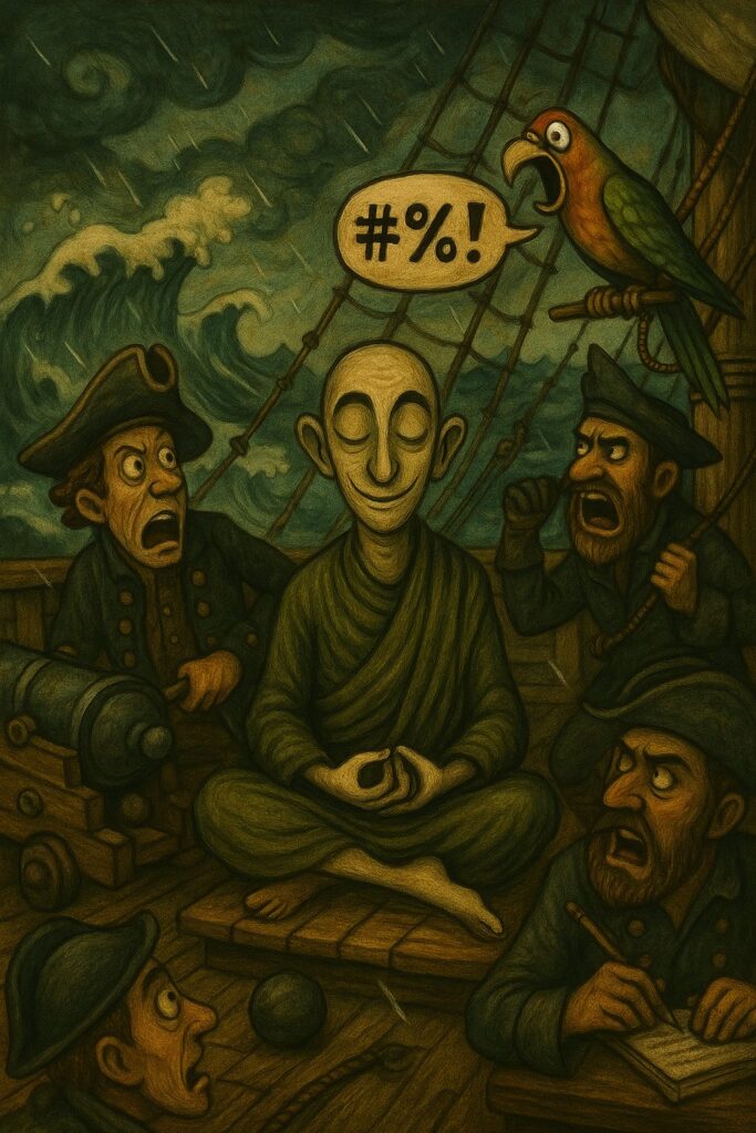 Where do listeners go to talk - monk meditating on British sailing ship surrounded by frantic sailors
