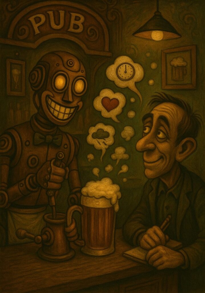 Where do listeners go to talk - robot pub landlord listening to customer while pouring a pint