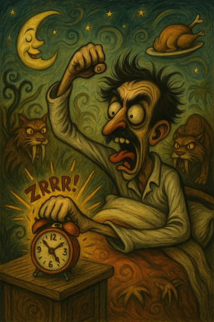 Facebook Snooze for 30 days: man smashing morning alarm clock