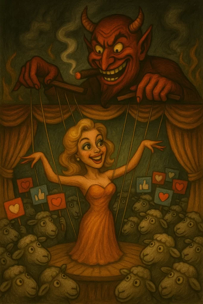 Satirical illustration of a puppet speaker controlled by a red devil pulling strings, with an audience of sheep holding social media like signs — symbolising manipulation and mental health in the digital age.