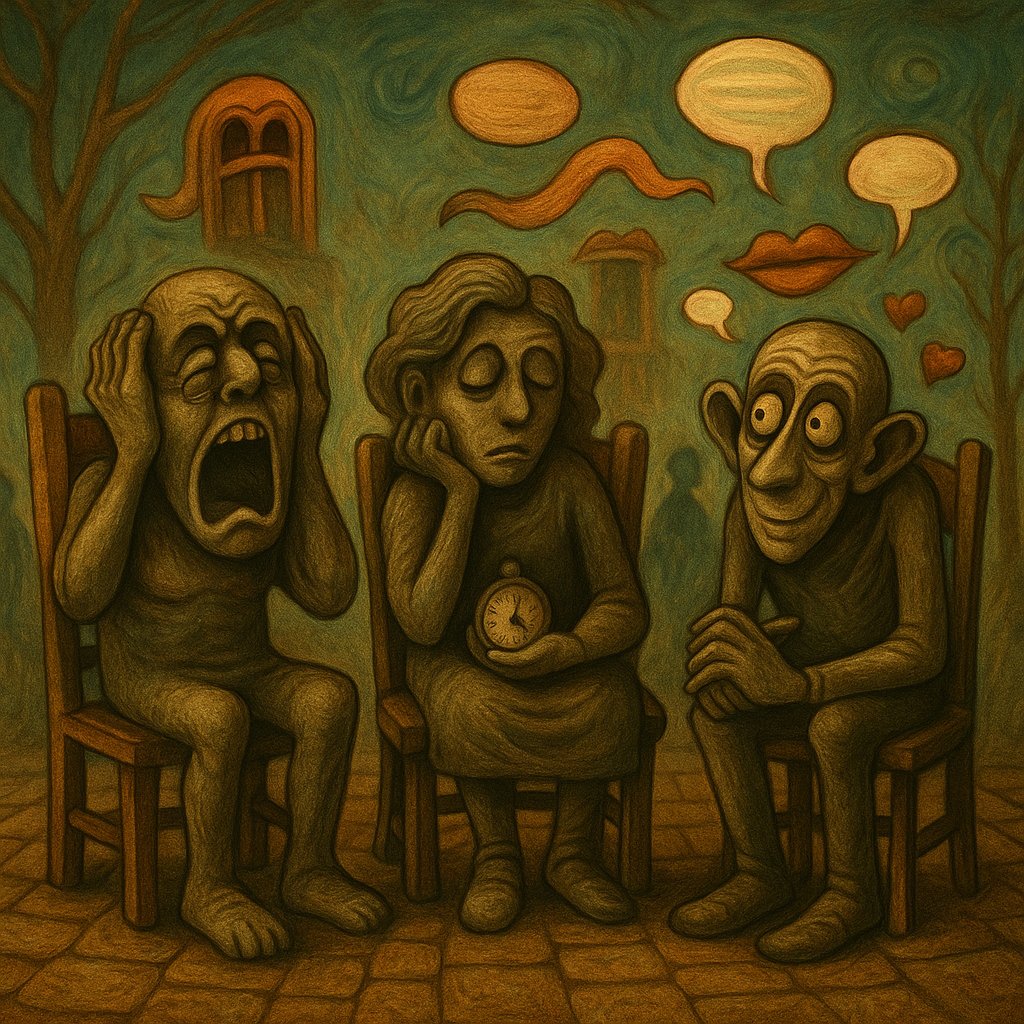 Where do listeners go to talk - three statues on chairs showing different listening styles