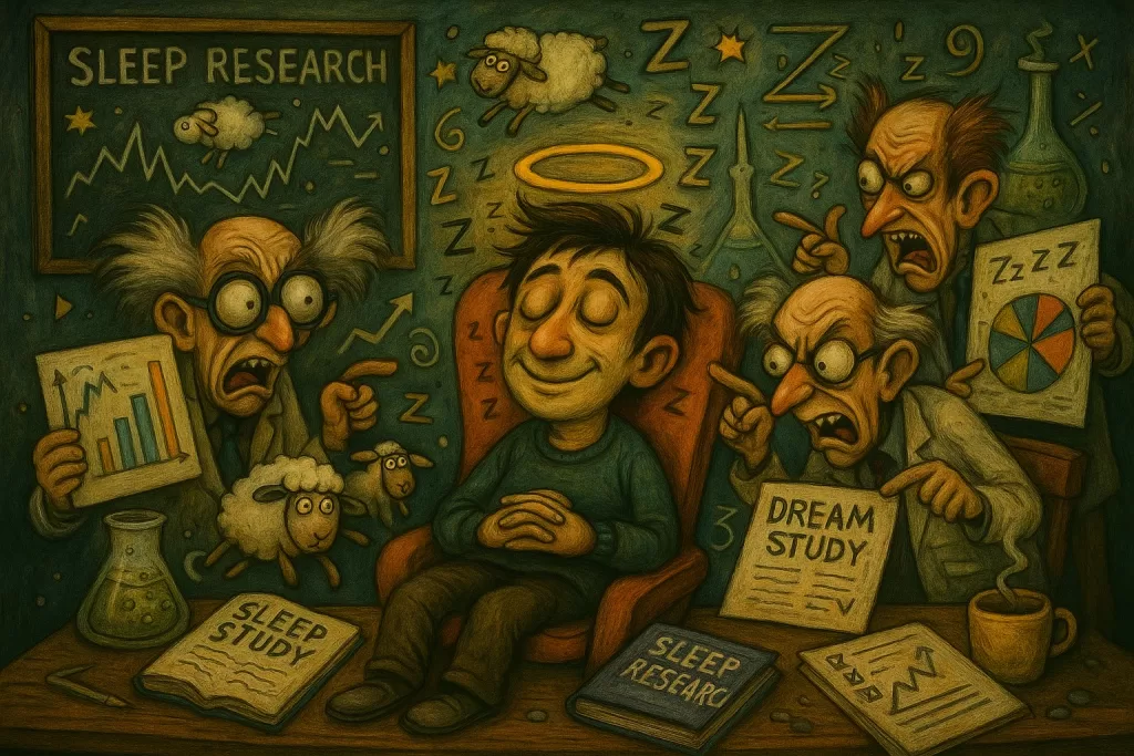 Facebook Snooze for 30 days: man fast asleep surrounded by experts giving advice