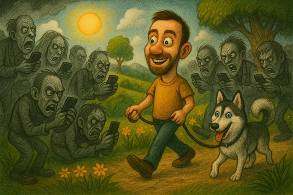 Facebook Snooze for 30 days: a man walking his dog in a beautiful reality, while zombies stare at phones