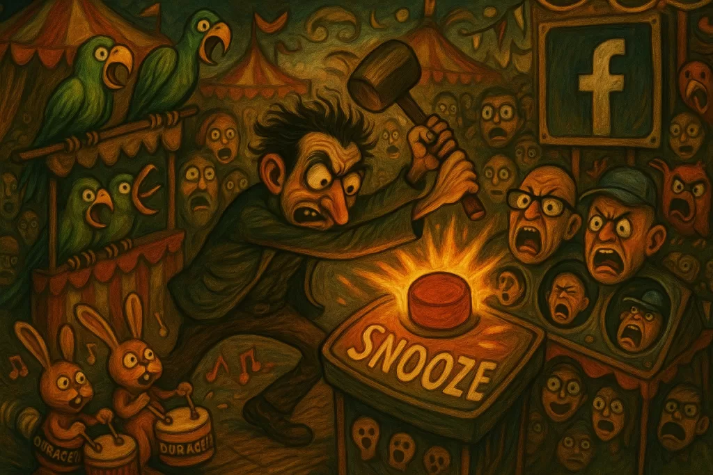 Facebook Snooze for 30 days: man at surreal circus about to strike the snooze button