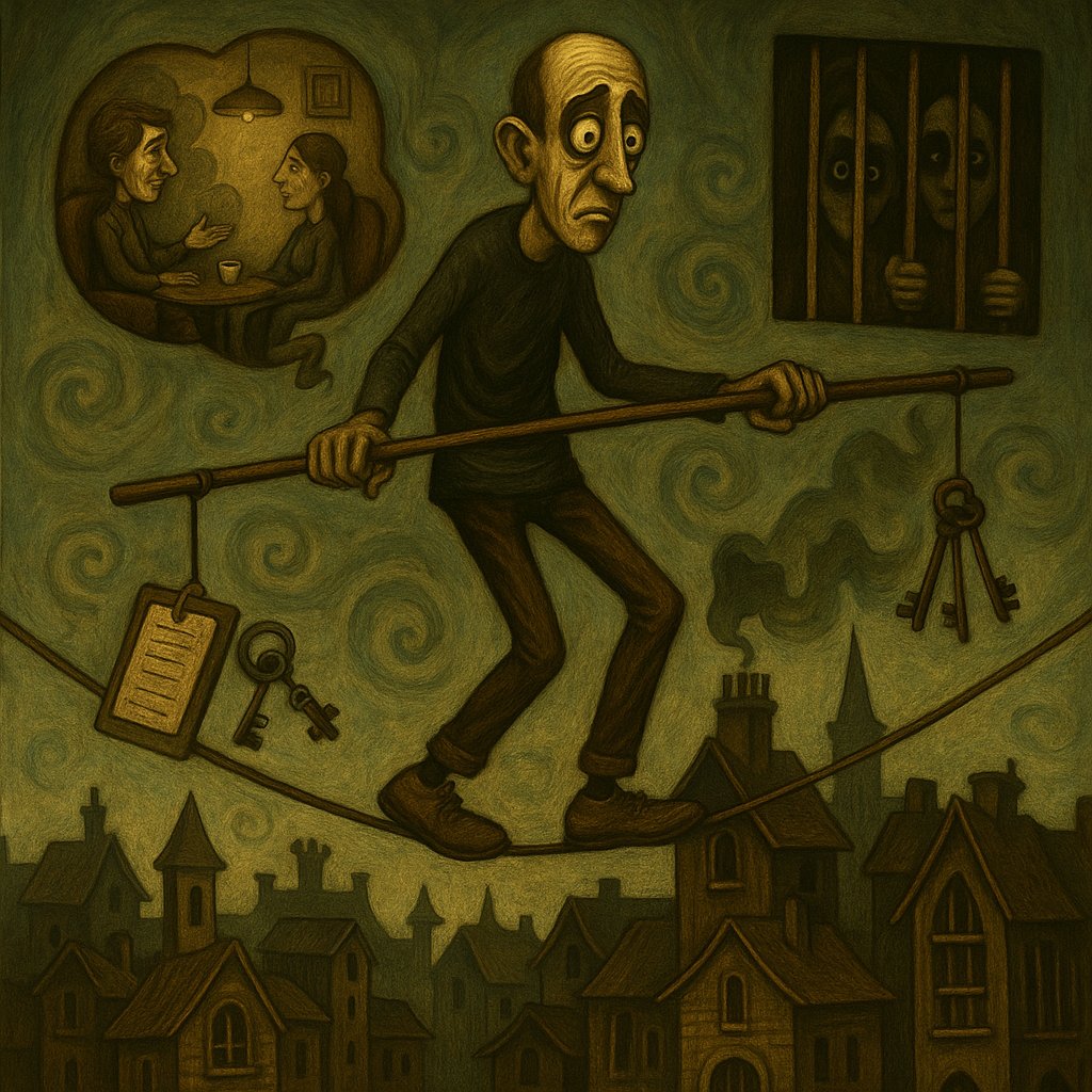 Where do listeners go to talk - man walking a tightrope between therapy sessions and prison scenes