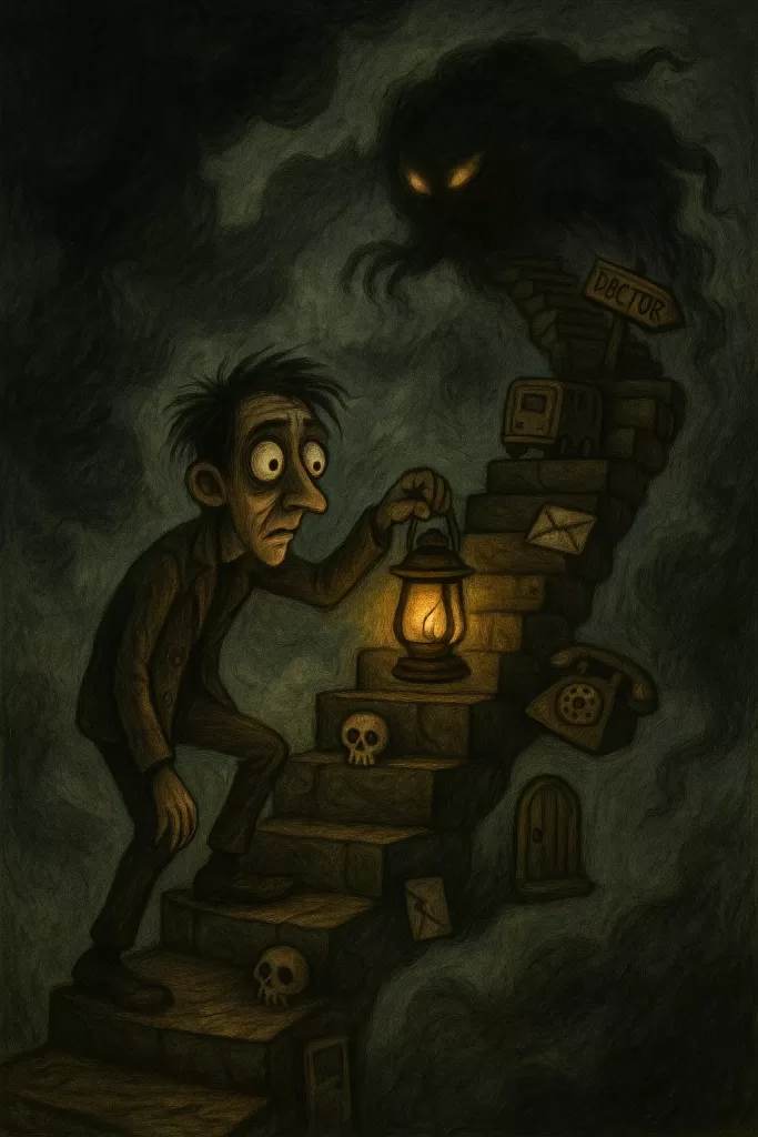 Overcome fear in small steps illustration of a man climbing a staircase of fears with a lantern, facing a dark looming monster at the top.