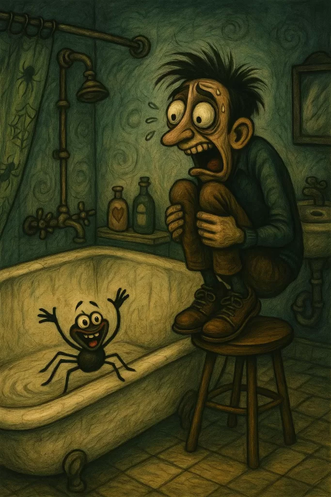 Overcome fear in small steps illustration of a terrified man on a stool screaming at a spider in the bathtub, symbolising arachnophobia.