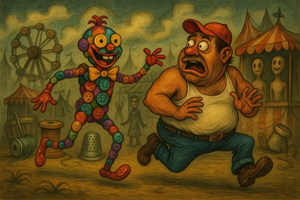 Overcome fear in small steps illustration of a man running from a clown made of colourful buttons, symbolising koumpounophobia or fear of buttons.