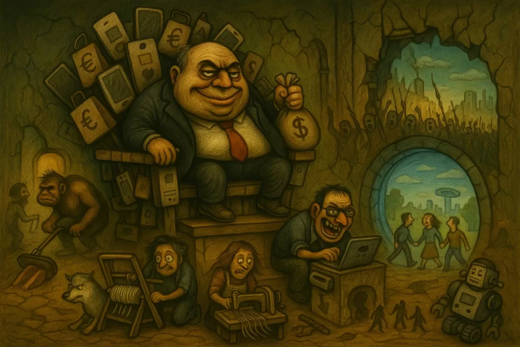 Surreal dystopian cartoon of a greedy billionaire on a throne of smartphones, workers and animals exploited below, as robots and technology replace old jobs, with a portal showing a hopeful future of humanity beyond greed.