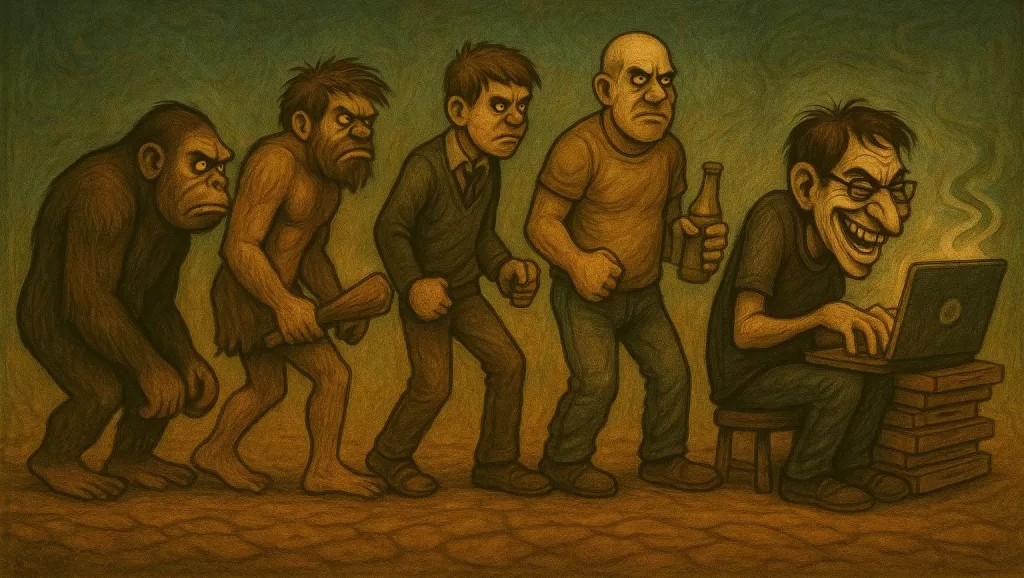 geeks ruling the world: Parody of The March of Progress, 1965 illustration by Rudolph Zallinger referring to bullies.