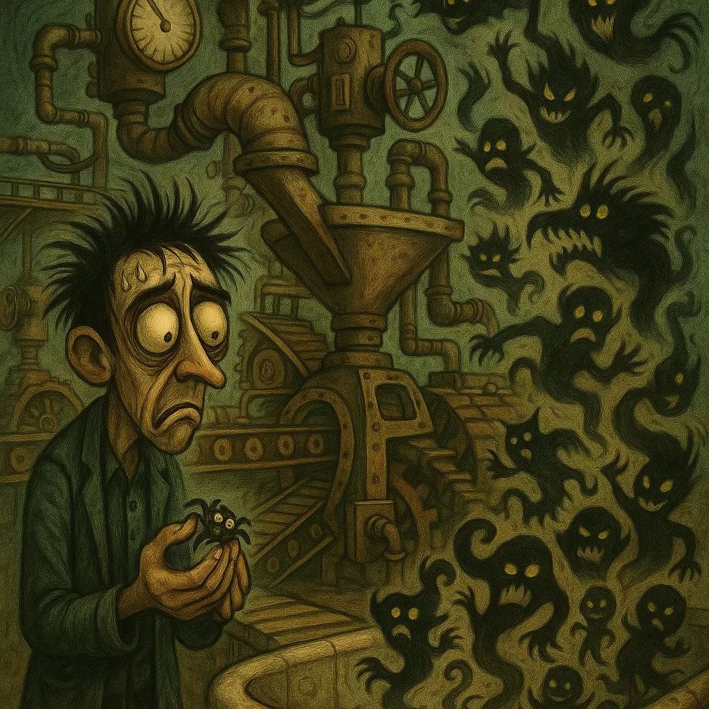 Overcome fear in small steps illustration of a man holding a tiny spider in a factory while a machine multiplies it into a swarm of giant shadow monsters, symbolising how imagination magnifies fear.