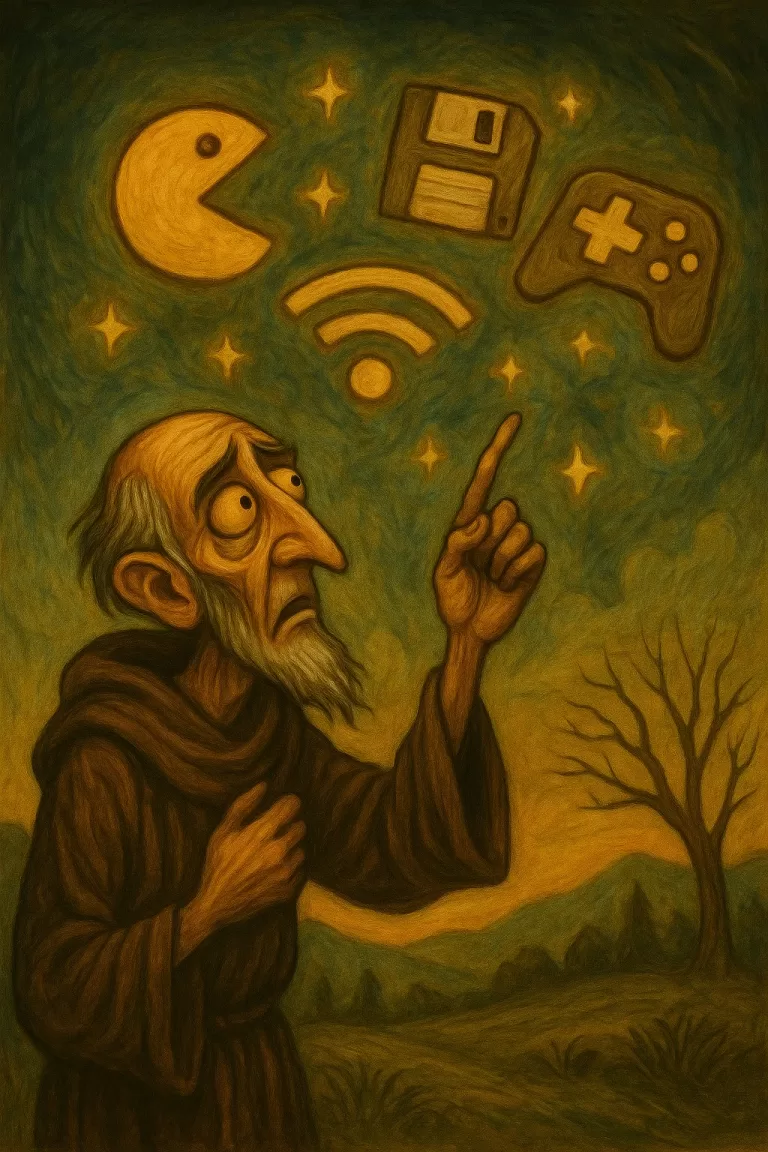 Bearded prophet in monk’s robe points to glowing symbols of modern technology in the sky, including Pac-Man, a floppy disk, Wi-Fi and a game controller.