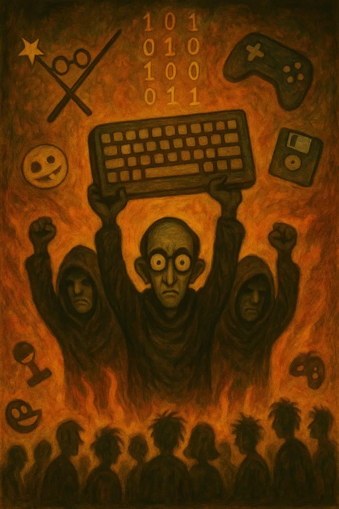 Surreal cartoon of bespectacled nerd holding a keyboard like a banner, flanked by hooded figures and geek symbols like Harry Potter glasses, game controller and binary code.