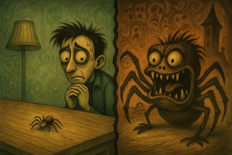 Overcome fear in small steps illustration showing a man scared of a spider versus his imagined giant monster spider.