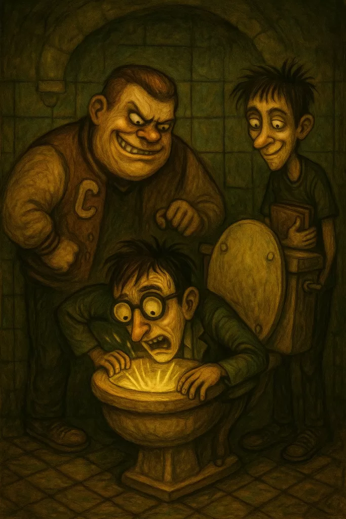 geeks ruling the world: nerd about to get head put down a toilet by bullies