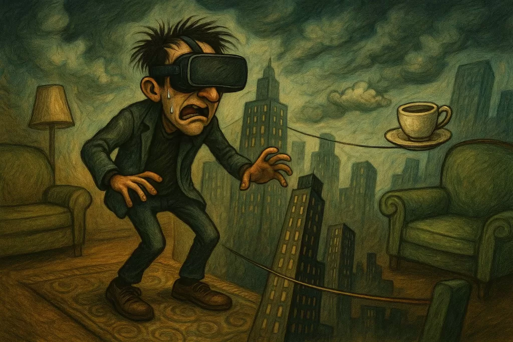 Overcome fear in small steps illustration of a man in a VR headset trembling as he walks a high wire between skyscrapers with a coffee cup at the end, symbolising fear of heights.