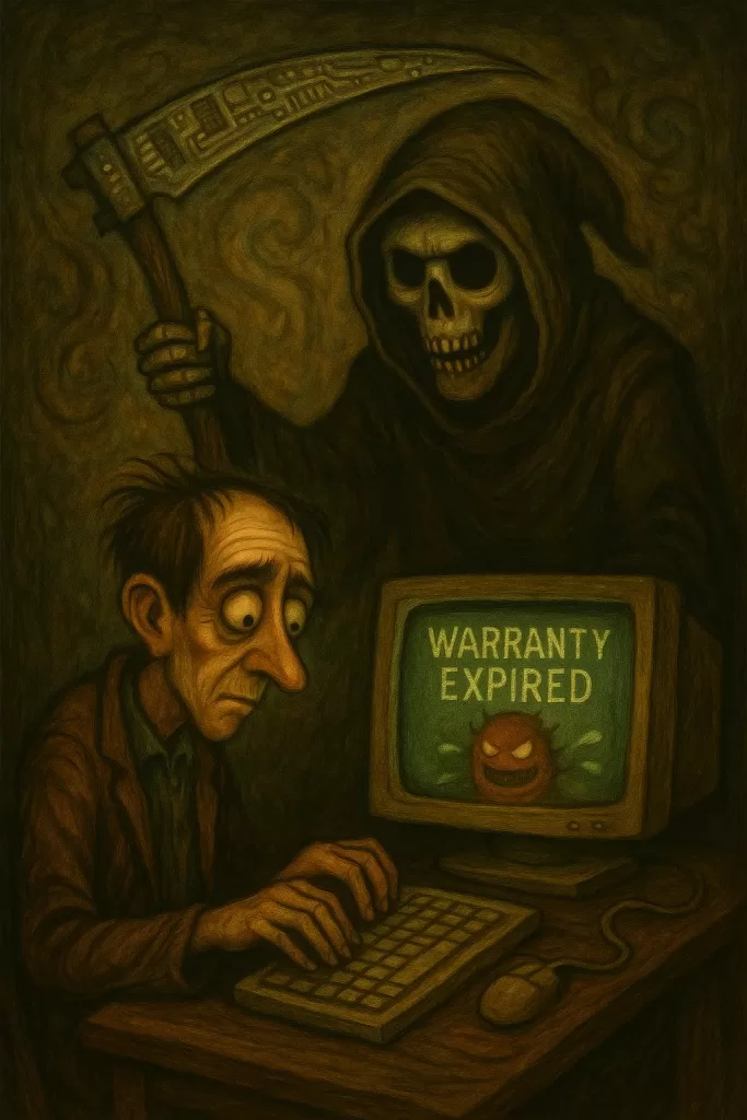 geeks ruling the world: Grim reaper with a techno scythe looming over a man sat at a PC with the warranty having just expired.