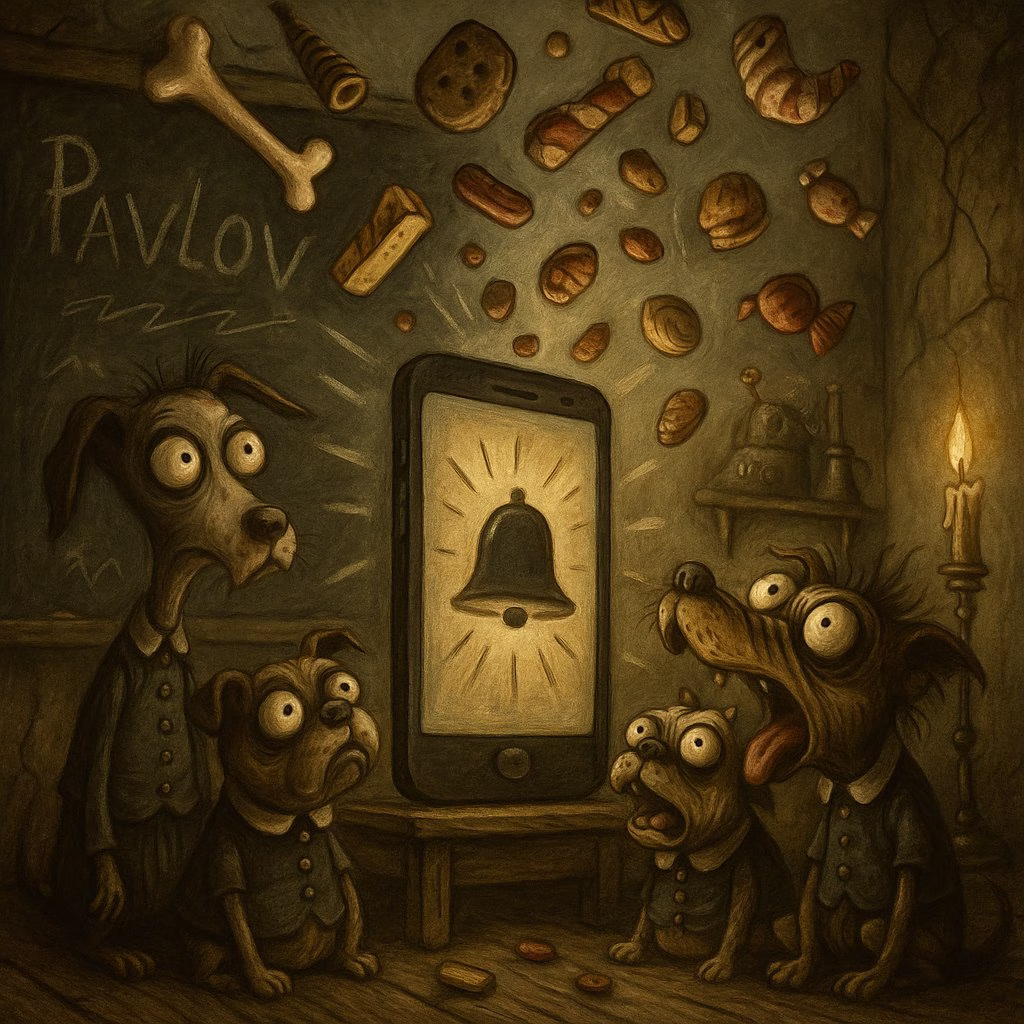 Funny Pavlov’s dogs illustration reacting to a phone notification, reflecting how small behaviour changes can make your day more productive.