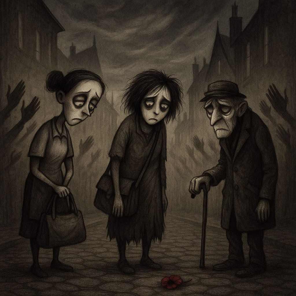 A quiet twilight street illuminated by a single lamppost, where three weary figures walk past as faint clapping silhouettes fade into the dusk, with a single red poppy on the ground symbolising fading remembrance and hero worship.